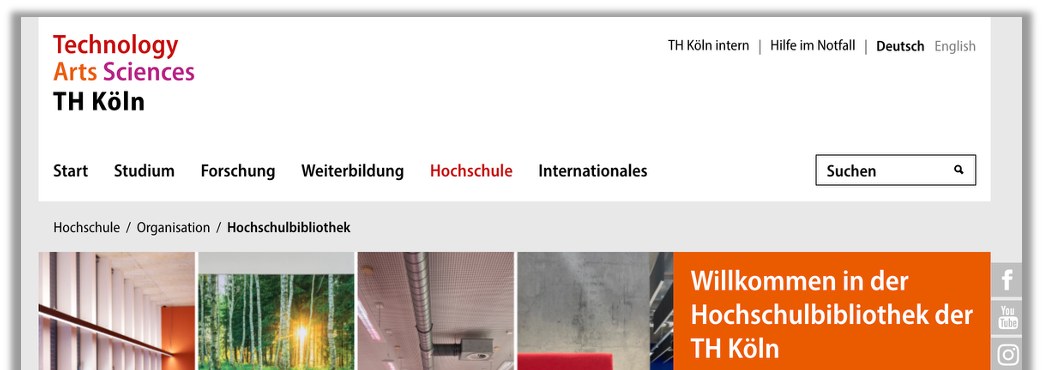 Startseite der Hochschulbibliothek der TH Köln mit Bildern aus den Lesesaalbereichen